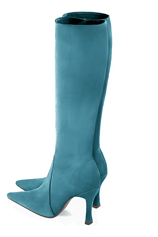 Peacock blue women's feminine knee-high boots. Pointed toe. Very high spool heels. Made to measure. Rear view - Florence KOOIJMAN